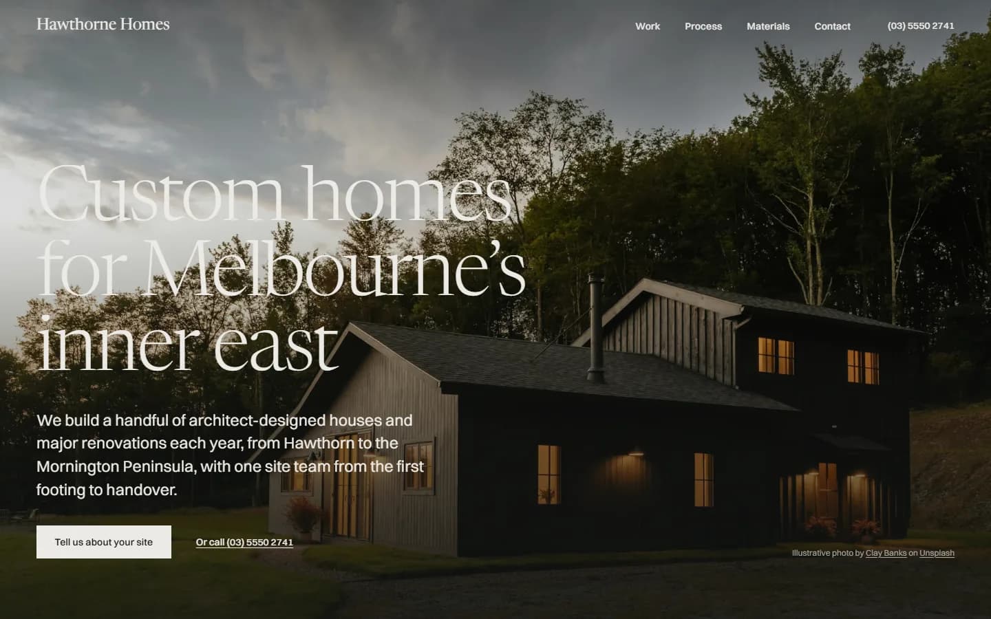 Screenshot of the Hawthorne Homes demo website on a desktop screen: a large photo of a timber house at dusk with the heading Custom homes for Melbourne’s inner east.