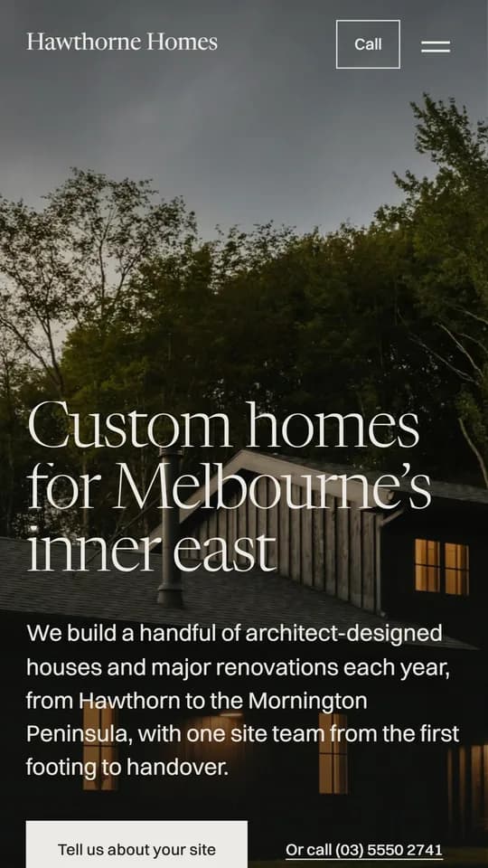 The same Hawthorne Homes demo website on a phone.